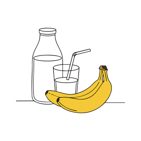 Vector shows ripe yellow banana with transparent glass and bottle filled with milk on plain background, clean and minimal style, fresh mood.のイラスト素材