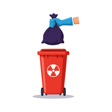 Illustration shows a gloved hand disposing a toxic waste bag into a red radioactive waste bin, emphasizing hazardous material safety. Serious mood.のイラスト素材