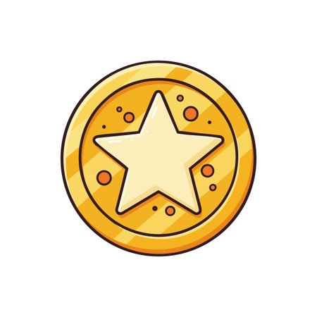 Vector illustration of a shiny gold coin featuring a prominent star symbol, used for game rewards or currency, bright and playful design.のイラスト素材