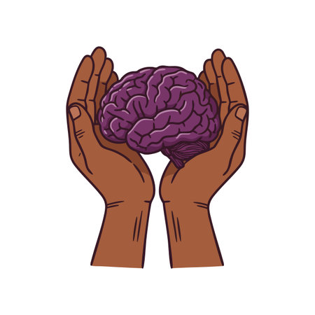Vector illustration shows brown hands gently holding a purple brain representing mental health care and support in a calm, thoughtful mood.のイラスト素材