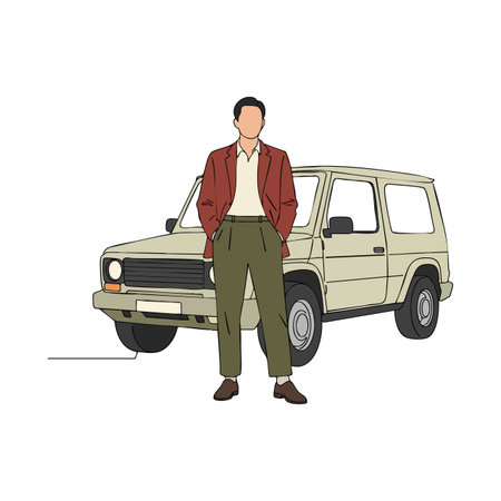 Illustration shows a man posing with hands in pockets in front of an old beige off-road vehicle, exuding casual confidence and style. Calm mood.のイラスト素材