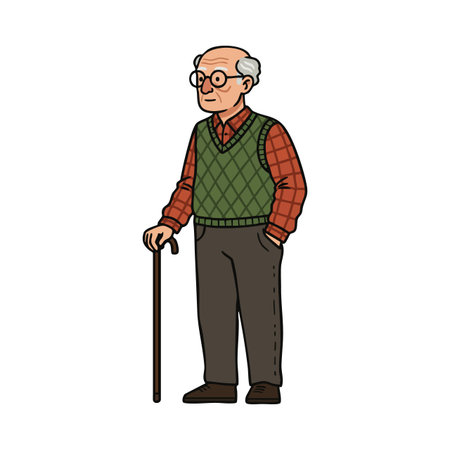 Illustration of an elderly man wearing glasses, a green vest, and holding a cane standing with a relaxed posture. Calm and thoughtful mood.のイラスト素材