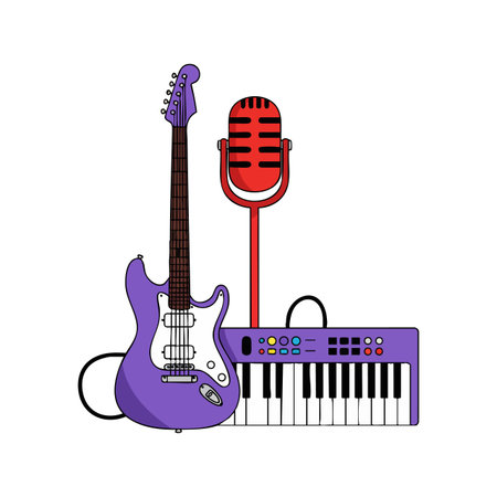 Vector illustration showing a purple electric guitar, red microphone, and purple keyboard representing music and creativity in a vibrant style. Cheerful mood.のイラスト素材