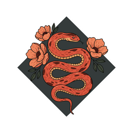 Illustration shows a red snake coiled with three orange flowers and green leaves on a dark diamond...