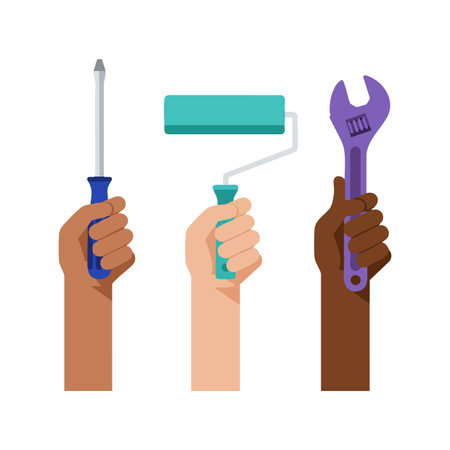 Illustration shows diverse hands holding common tools like screwdriver, paint roller, and wrench for repair tasks, symbolizing teamwork and skill. Positive mood.のイラスト素材