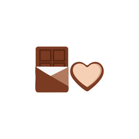 Vector graphic shows a chocolate bar partially unwrapped and a heart-shaped candy in brown and beige colors, simple and clean style, charming.のイラスト素材