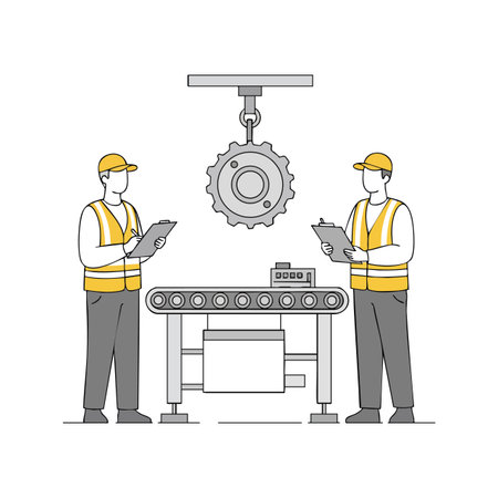 Two factory workers wearing safety vests and helmets inspect a conveyor belt and machinery in an industrial setting, showcasing teamwork and safety focus. Calm atmosphere.のイラスト素材
