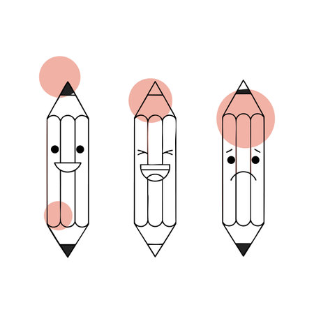 Illustration shows three pencils with different facial expressions: happy, laughing, and sad, in a minimalistic black and white style. Cheerful mood.のイラスト素材