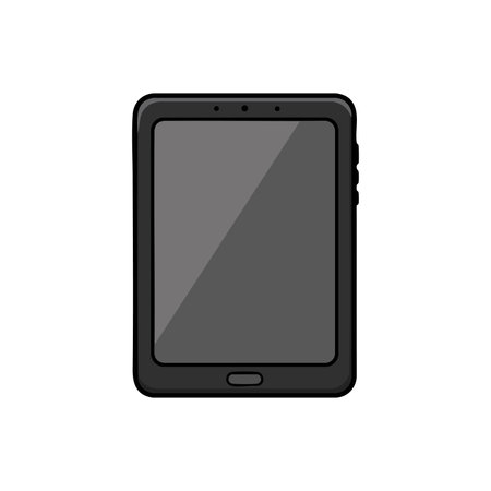 Illustration shows a tablet device with black frame and blank screen in a simple flat style, representing digital technology and modern gadgets. Neutral.のイラスト素材