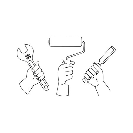 Illustration shows hands gripping wrench, paint roller, and chisel tools used for construction and home improvement work in simple line art style. Practical and clear.のイラスト素材
