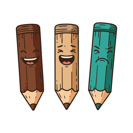 Three colored pencils in brown, beige, and teal show happy and sad faces with cartoon expressions in a playful mood.のイラスト素材
