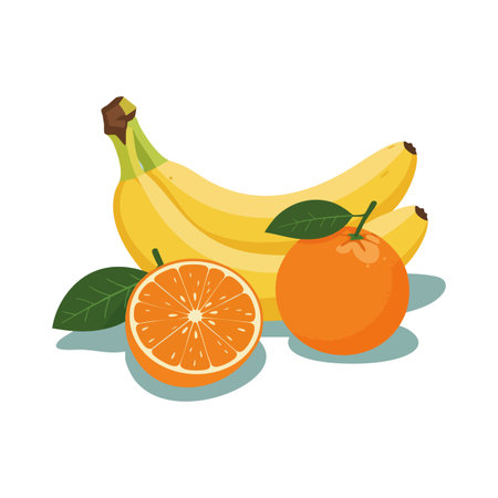 Vector illustration shows bananas and orange fruits with green leaves and shadows in bright colors, creating a fresh and healthy mood.のイラスト素材