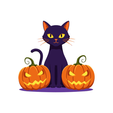 Vector image shows a black cat with yellow eyes sitting between two glowing carved pumpkins, creating a spooky Halloween atmosphere. Playful mood.のイラスト素材