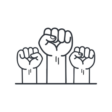 This vector image shows three raised fists symbolizing power and solidarity with clean black lines on white background, conveying strength and unity mood.のイラスト素材