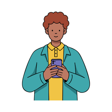Illustration shows young man with curly brown hair holding a smartphone wearing teal jacket and...