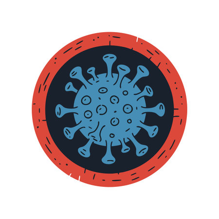 This vector shows a stylized virus cell with a blue body and red border, symbolizing infection and microbiology in a simple design. Informative mood.のイラスト素材