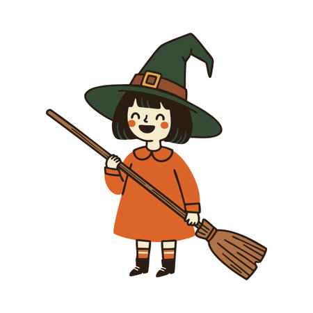 Illustration shows a cheerful little witch girl in a green hat and orange dress holding a broomstick, perfect for Halloween and children's themes, playful mood.のイラスト素材