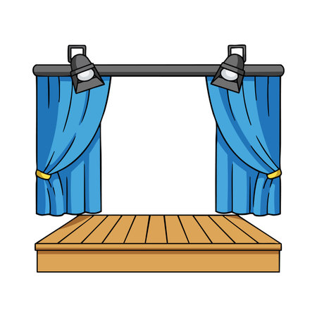 Vector image of a wooden stage with blue curtains tied back and two spotlights above, designed for theater or presentations, bright and clear.のイラスト素材