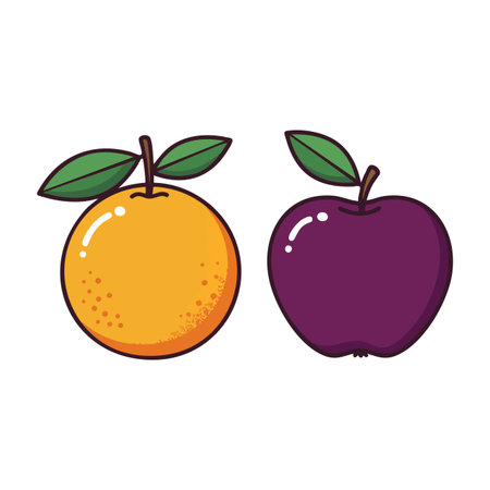Illustration shows an orange and purple apple with green leaves and brown stems in a clean simple style. Cheerful and fresh mood.のイラスト素材
