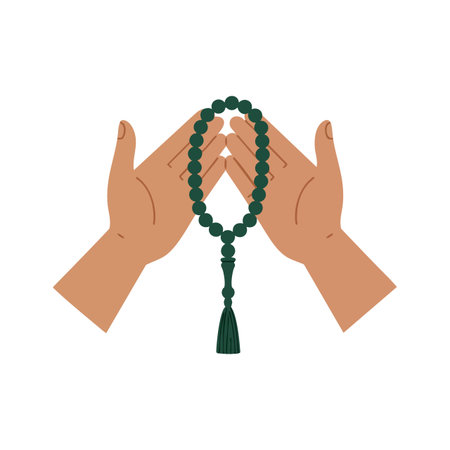 Vector image shows hands gently holding dark green prayer beads, symbolizing faith, meditation, and spirituality in a calm and peaceful mood.のイラスト素材