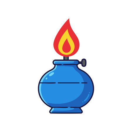 Vector illustration of a blue oil lamp with a bright red and yellow flame burning steadily, representing warmth and light in a clean design style. Cheerful.のイラスト素材