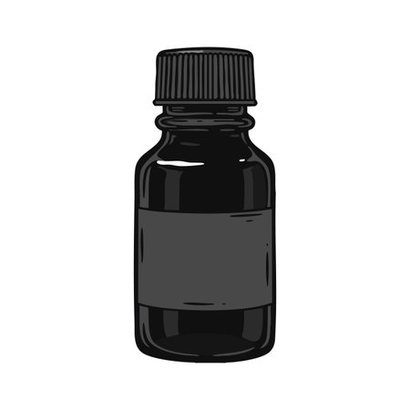 This vector image shows a small black medicine bottle with a ribbed black cap and blank label, suitable for essential oils or liquid storage, simple and clear design.のイラスト素材