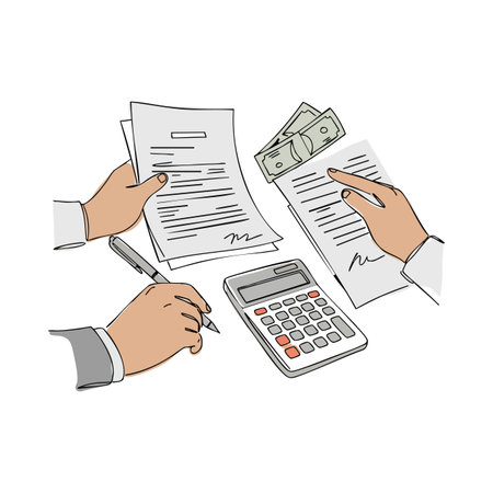Hands signing papers and handling money near calculator illustrating financial calculations and business transactions in a clear style, professional mood.のイラスト素材