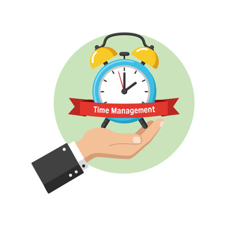 Illustration shows a hand holding an alarm clock with a red time management banner, symbolizing productivity and organization, optimistic mood.のイラスト素材