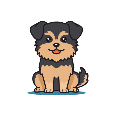 This vector shows a small dog with black and brown fur sitting happily on a blue shadow. The style is playful and cheerful.のイラスト素材