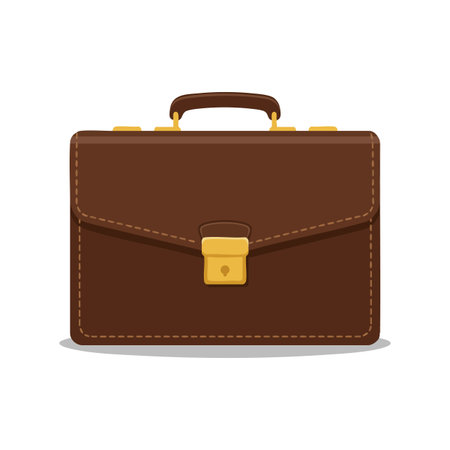 Vector shows a brown leather briefcase with golden lock and handle, symbolizing professionalism and business, in a clean style. Practical and sleek.のイラスト素材