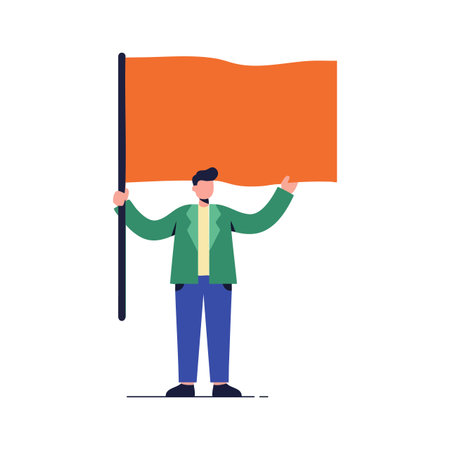 Vector shows a man holding an orange flag standing in casual clothes with a simple flat design style and minimal background, bright mood.のイラスト素材