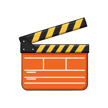 Vector shows a movie clapperboard with black and yellow stripes on the top and an orange base for film production, creative video shooting, and direction. Bright, clean, professional.のイラスト素材