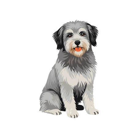 Vector shows a friendly dog with gray and white fur sitting calmly, tongue out, facing forward in a cheerful and inviting mood.のイラスト素材