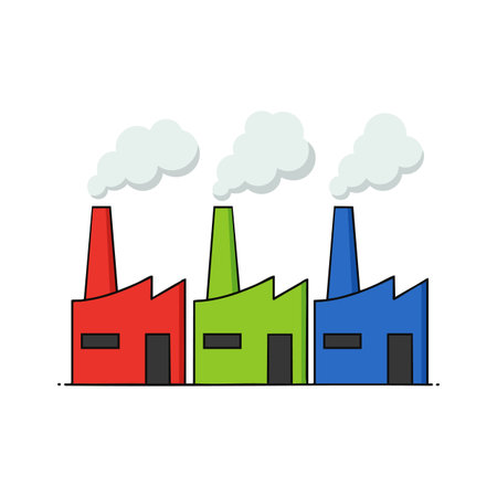 Vector image shows three colorful factory buildings with smoke coming from chimneys in red, green, and blue colors. Simple and clean design. Calm.のイラスト素材