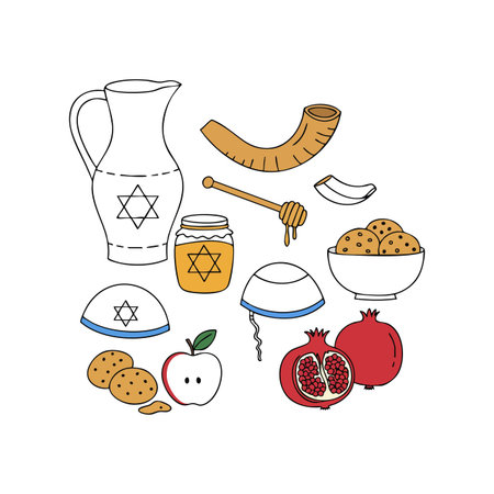 Illustration of Jewish Rosh Hashanah symbols including honey jar, shofar, apples, pomegranates, kippah, and challah bread in simple style, festive mood.のイラスト素材