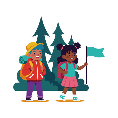 Two children hike in a forest carrying backpacks and a flag, surrounded by trees, enjoying an outdoor adventure. Cheerful mood.のイラスト素材