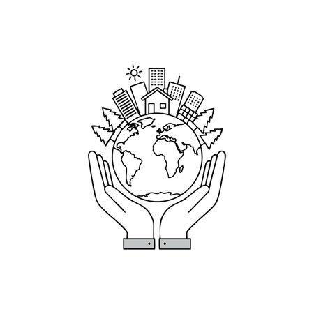 Vector line art showing hands holding the earth with buildings, trees, and sun symbolizing care for the environment and sustainability. Calm mood.のイラスト素材