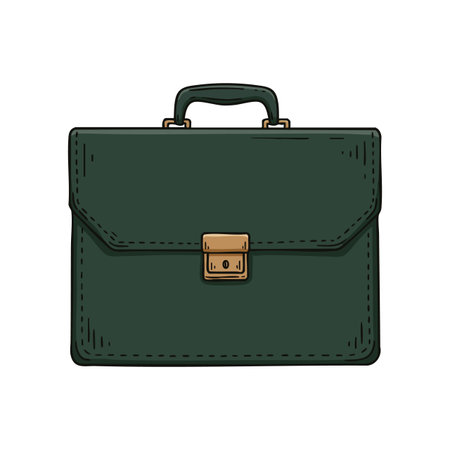 Illustration of a dark green leather briefcase with a golden lock and handle, used for business and office work, professional and neat design. Calm.のイラスト素材