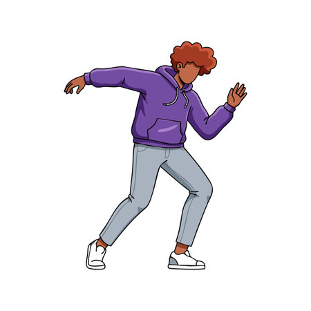 Illustration shows a young man wearing a purple hoodie dancing with dynamic posture and casual attire in a modern style, energetic mood.のイラスト素材
