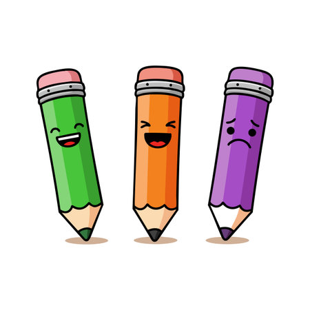 Three colored pencils show different emotions: happiness, excitement, and sadness in a playful cartoon style. Cheerful mood.のイラスト素材