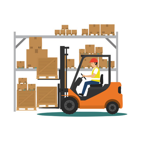 Worker wearing helmet and vest operates forklift to move boxes onto warehouse shelves, depicting industrial logistics and safety in a calm setting.のイラスト素材