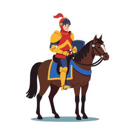 Vector illustration of a medieval knight in shining armor riding a brown horse, holding reins and sword, ready for battle, heroic mood.のイラスト素材