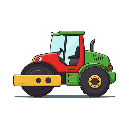 Cartoon style road roller construction vehicle with red and green colors, heavy machinery used for roadwork, isolated vector image. Playful mood.のイラスト素材
