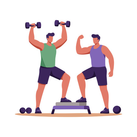 Illustration shows two men exercising with dumbbells and a step platform, focusing on strength and muscle development, active and energetic mood.のイラスト素材