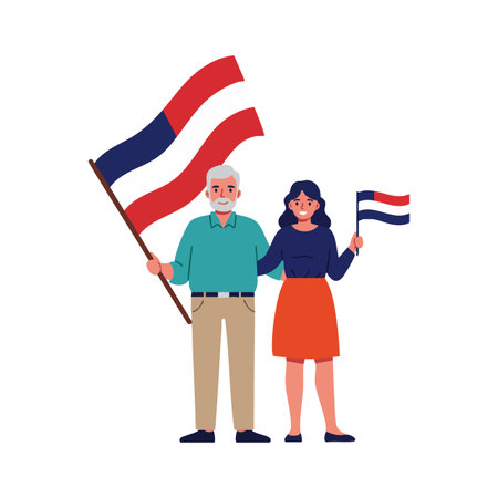 Illustration shows elderly man and young woman happily holding flags with red, white, and blue stripes in a flat vector style. Cheerful mood.のイラスト素材
