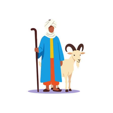 Shepherd wearing traditional clothes stands beside goat holding wooden staff in rural setting vector image calm mood.のイラスト素材