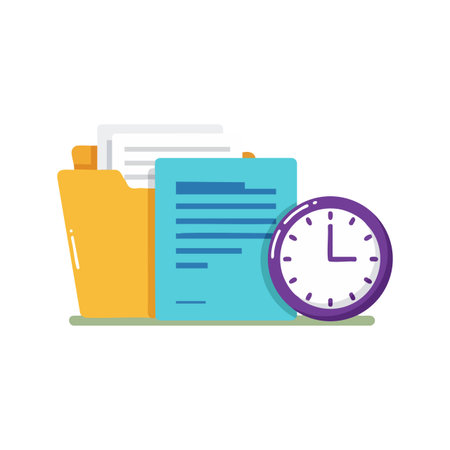 Illustration shows folder, documents, and clock symbolizing time management and organization in a clean flat style, conveying efficiency and focus.のイラスト素材