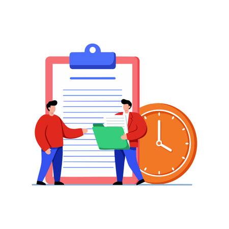 Illustration shows two men exchanging files in front of large clipboard and clock representing time management and teamwork, professional mood.のイラスト素材