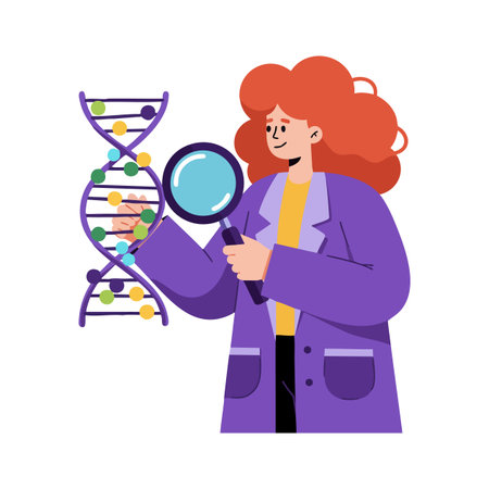 Female scientist studies colorful DNA strand using magnifying glass in a lab setting, representing scientific research and discovery. Curious and focused mood.のイラスト素材