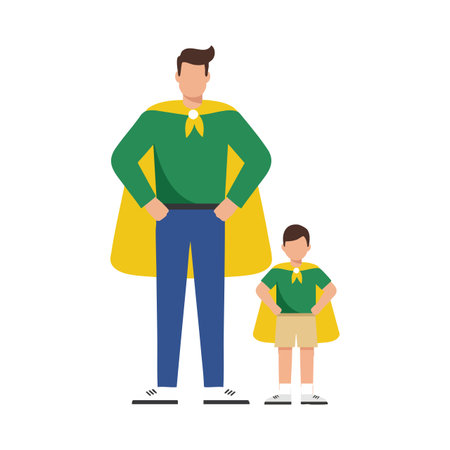 Illustration shows father and son in superhero costumes with green shirts and yellow capes standing confidently, symbolizing family strength and unity. Empowering mood.のイラスト素材